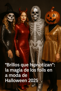 Foils metalizados en la moda de Halloween 2025 con acabados sostenibles y brillante