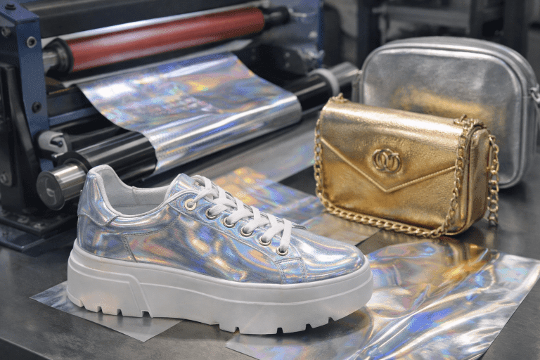 Lee más sobre el artículo Foil transfer sobre piel vegana y materiales reciclados: guía técnica 2026 para calzado y marroquinería (sin perder el efecto “metal líquido”)